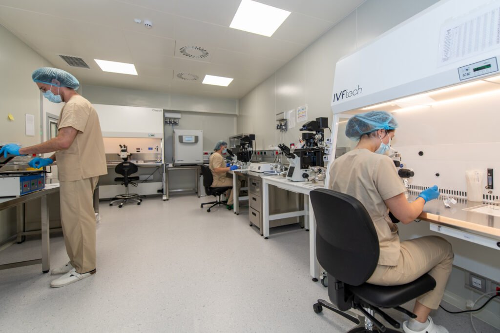 Staff of the Gemma clinic in the laboratory during the preparation of in vitro fertilization procedures