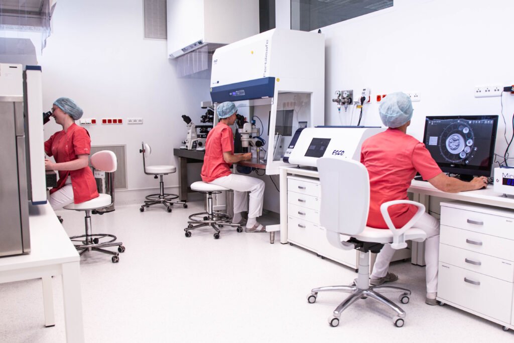 A team of experts in the laboratory of Unica Clinic in the Czech Republic working on IVF procedures
