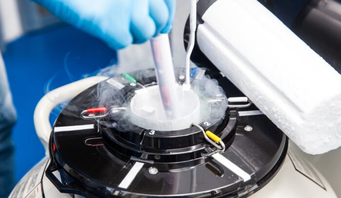 A hand in a glove holding a tube from a container with liquid nitrogen during the egg cell cryopreservation process, with visible steam rising due to the extremely low temperature