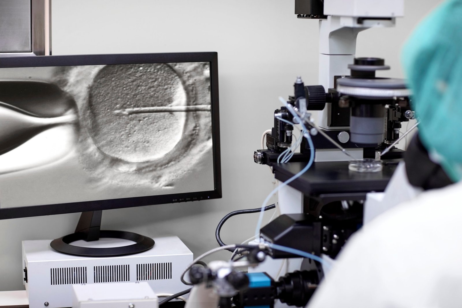 A microscopic image of intracytoplasmic sperm injection (ICSI) displayed on a computer screen, where the needle is in the process of injecting sperm into the egg cell, with laboratory equipment and a microscope visible in the background.