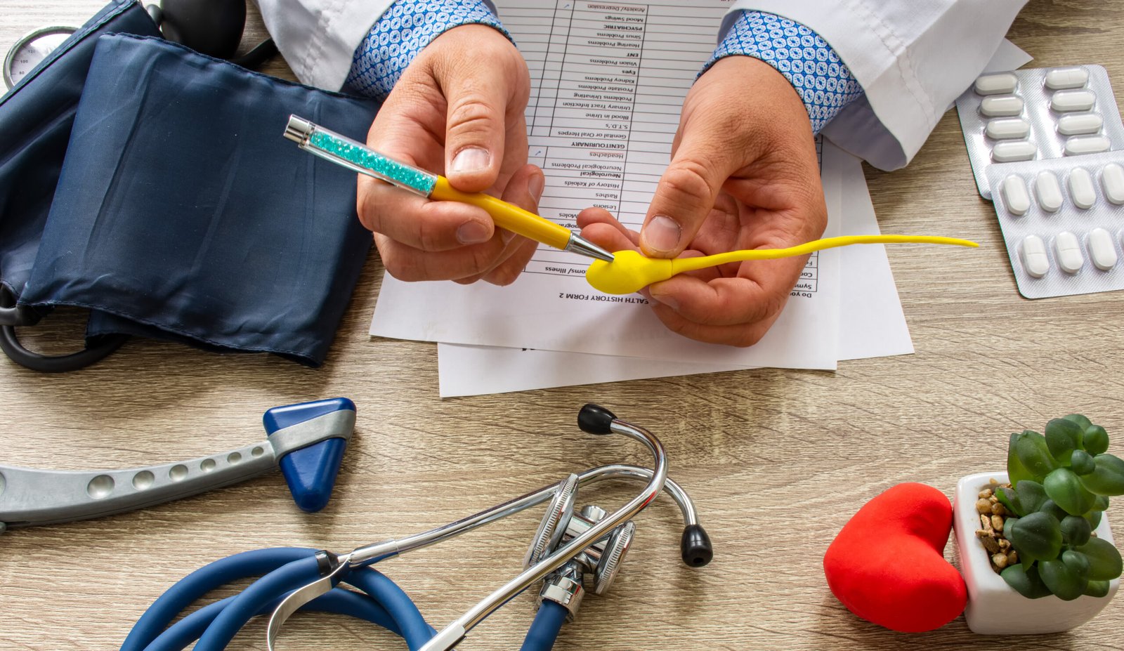 The doctor holds a model of a sperm cell and points to its parts with a tool, while medical equipment such as a stethoscope, blood pressure monitor, tablets, and paper forms are on the table.