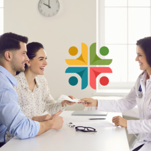 A happy couple at a consultation with a doctor for in vitro fertilization