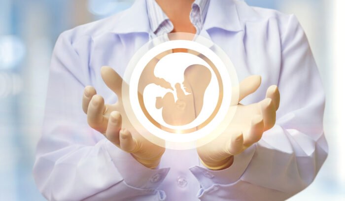 A doctor in a white coat and sterile gloves holds a symbolic hologram of an embryo in their hands, representing the in vitro fertilization and embryo transfer process.