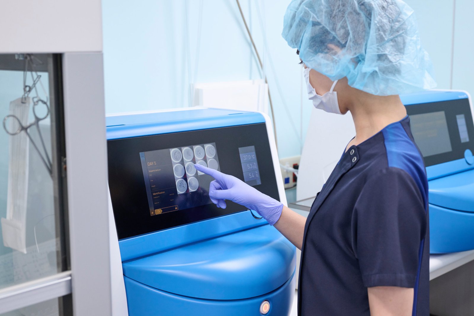 An embryologist in a modern laboratory uses an incubator for embryo cultivation.