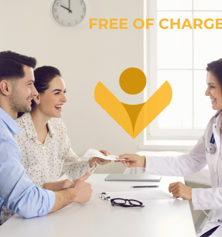 A happy couple at a consultation with a doctor for in vitro fertilization