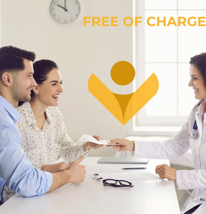 A happy couple at a consultation with a doctor for in vitro fertilization