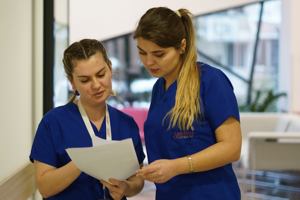 Two nurses in blue uniforms reviewing patient documents at the IVF consultation clinic.