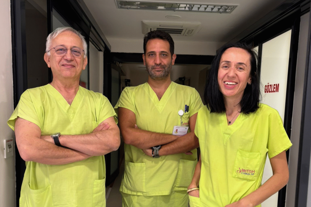 Doctors and embryologists in green uniforms from the British Cyprus IVF center.