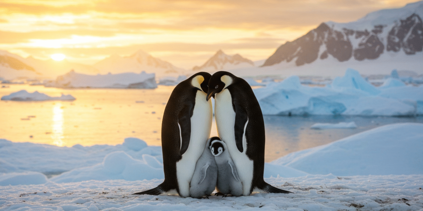 Two adult penguins with a baby penguin, representing delayed parenthood and Social Freezing