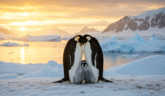 Two adult penguins with a baby penguin, representing delayed parenthood and Social Freezing