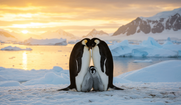 Two adult penguins with a baby penguin, representing delayed parenthood and Social Freezing